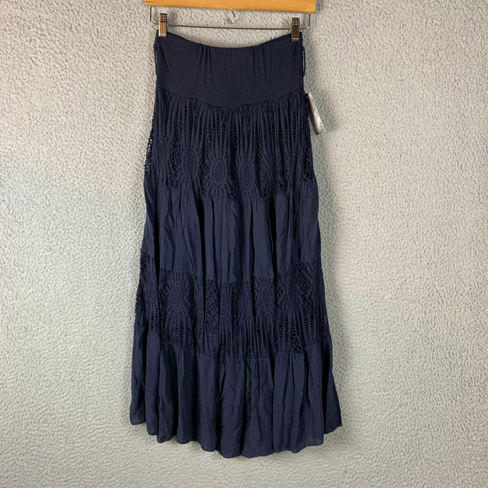 New Italy Skirt Womens 8 Midi Tiered Crochet Belted Low Waisted Navy Blue